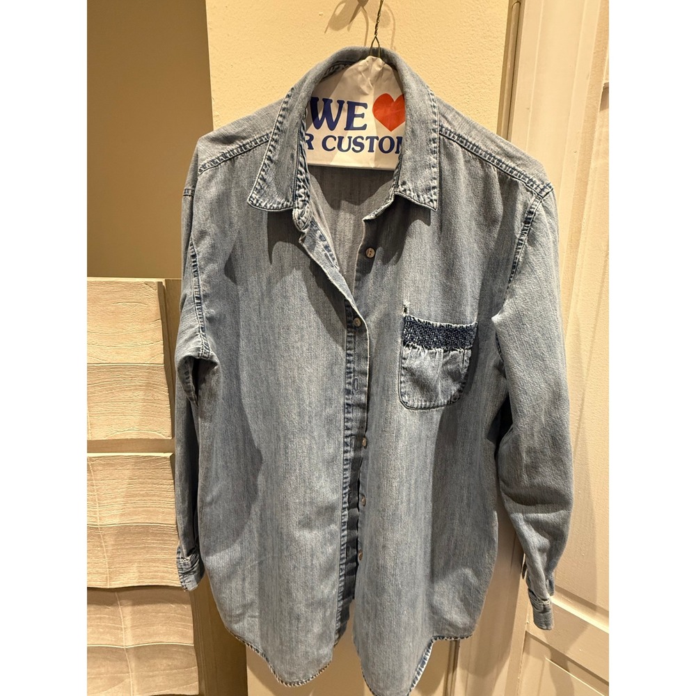 J. Jill Womens Denim Button Down Shirt Light Wash Smocked Pocket Cotton Medium - Picture 5 of 5